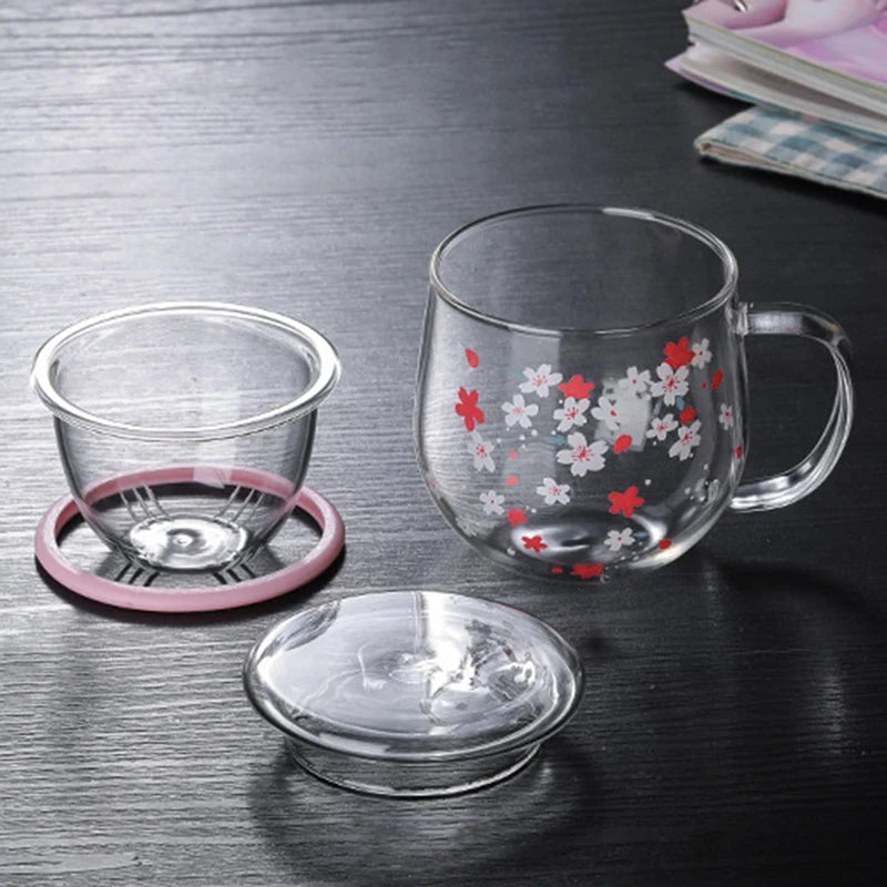 Mug Glass Mug with Tea Infuser Filter&Lid Cherry Blossoms Cup Set Blossoms Flower Teacup 300Ml Glasses Drinking-A50M