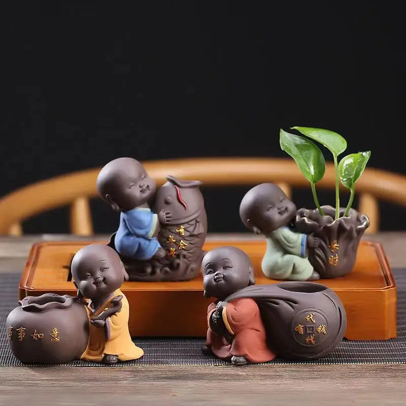 Ceramic Tea Pet Vase Ornaments Small Buddha Statue Monk Figurine Desktop Flower Pot Hydroponic Plant Decoration Tea Accessories
