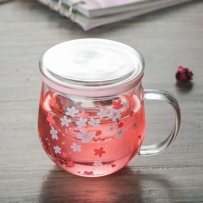 Mug Glass Mug with Tea Infuser Filter&Lid Cherry Blossoms Cup Set Blossoms Flower Teacup 300Ml Glasses Drinking-A50M