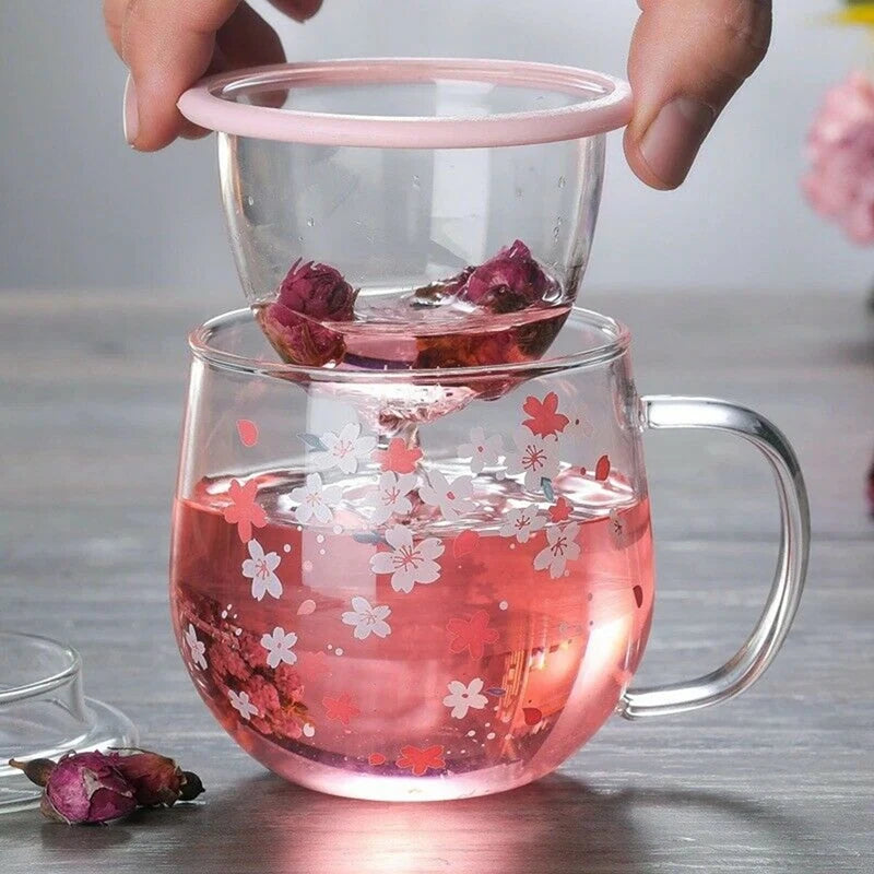 Mug Glass Mug with Tea Infuser Filter&Lid Cherry Blossoms Cup Set Blossoms Flower Teacup 300Ml Glasses Drinking-A50M