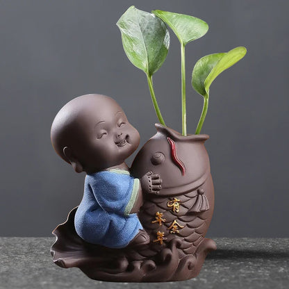 Ceramic Tea Pet Vase Ornaments Small Buddha Statue Monk Figurine Desktop Flower Pot Hydroponic Plant Decoration Tea Accessories