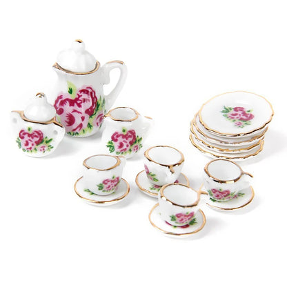 New 15 pieces Porcelain tea set Dollhouse miniature foods Chinese rose dishes cup