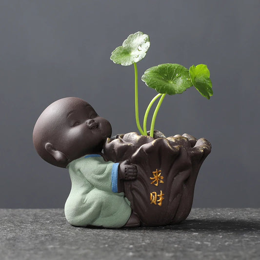 Ceramic Tea Pet Vase Ornaments Small Buddha Statue Monk Figurine Desktop Flower Pot Hydroponic Plant Decoration Tea Accessories
