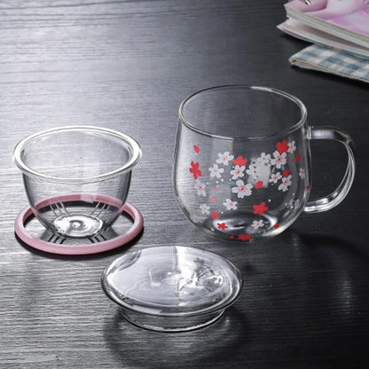 Mug Glass Mug with Tea Infuser Filter&Lid Cherry Blossoms Cup Set Blossoms Flower Teacup 300Ml Glasses Drinking-A50M