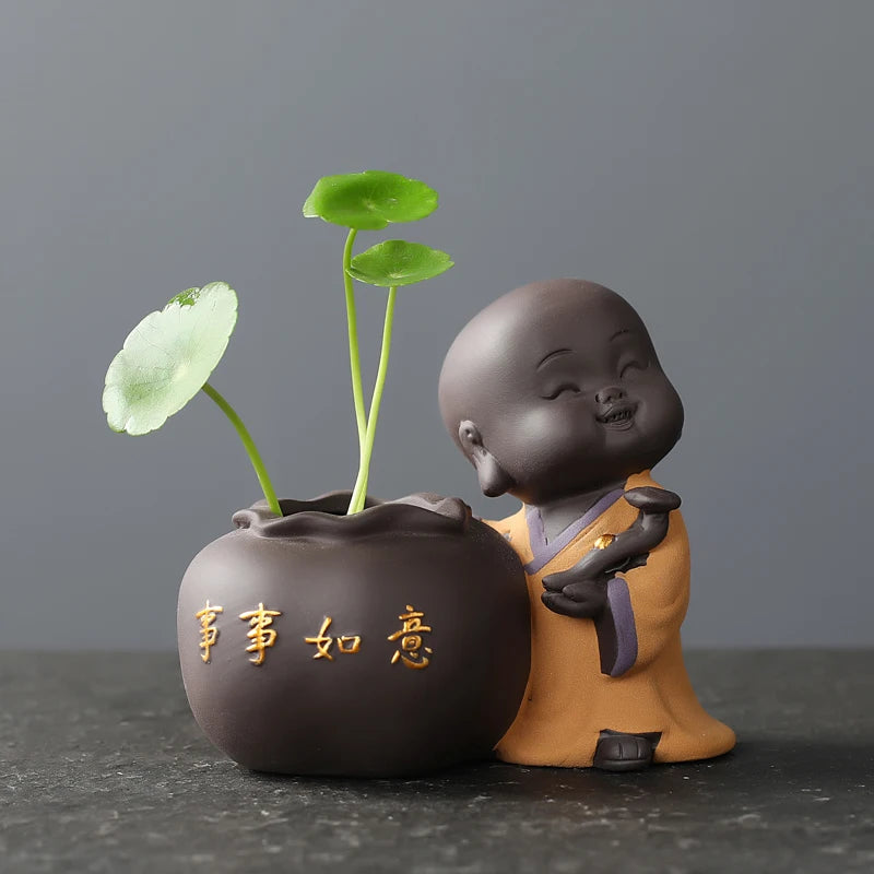 Ceramic Tea Pet Vase Ornaments Small Buddha Statue Monk Figurine Desktop Flower Pot Hydroponic Plant Decoration Tea Accessories