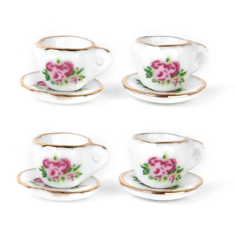 New 15 pieces Porcelain tea set Dollhouse miniature foods Chinese rose dishes cup