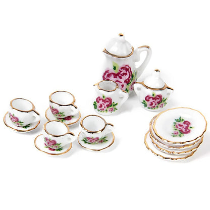 New 15 pieces Porcelain tea set Dollhouse miniature foods Chinese rose dishes cup