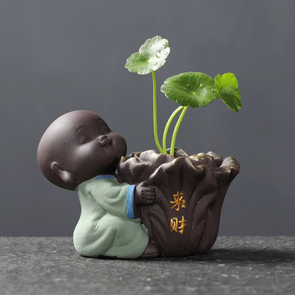 Ceramic Tea Pet Vase Ornaments Small Buddha Statue Monk Figurine Desktop Flower Pot Hydroponic Plant Decoration Tea Accessories