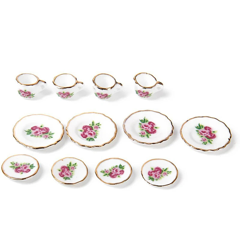 New 15 pieces Porcelain tea set Dollhouse miniature foods Chinese rose dishes cup