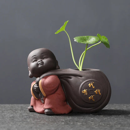 Ceramic Tea Pet Vase Ornaments Small Buddha Statue Monk Figurine Desktop Flower Pot Hydroponic Plant Decoration Tea Accessories