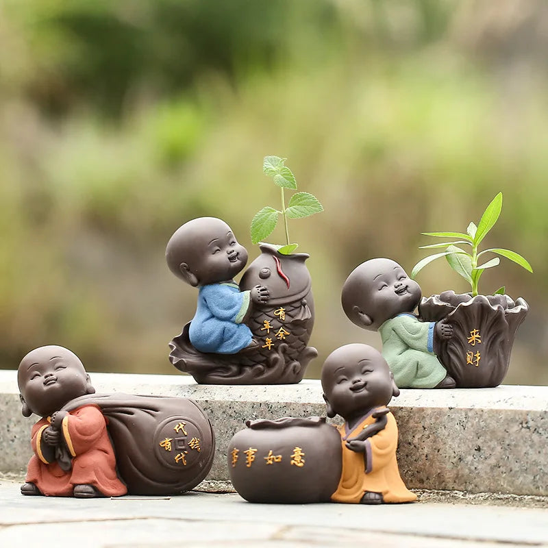 Ceramic Tea Pet Vase Ornaments Small Buddha Statue Monk Figurine Desktop Flower Pot Hydroponic Plant Decoration Tea Accessories